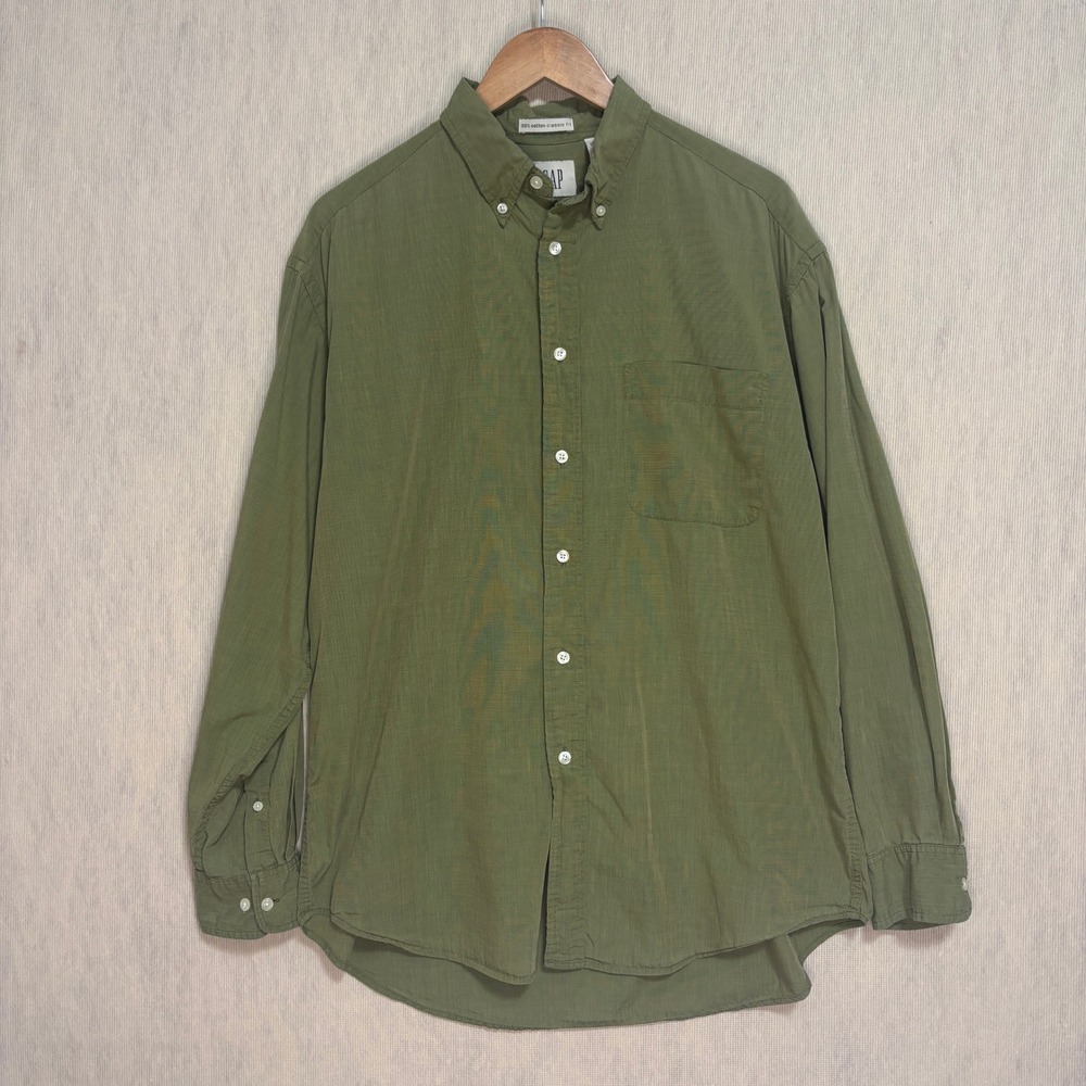 GAP Button Down Shirt Olive Green Classic Fit Cotton Long Sleeve Men Work L
